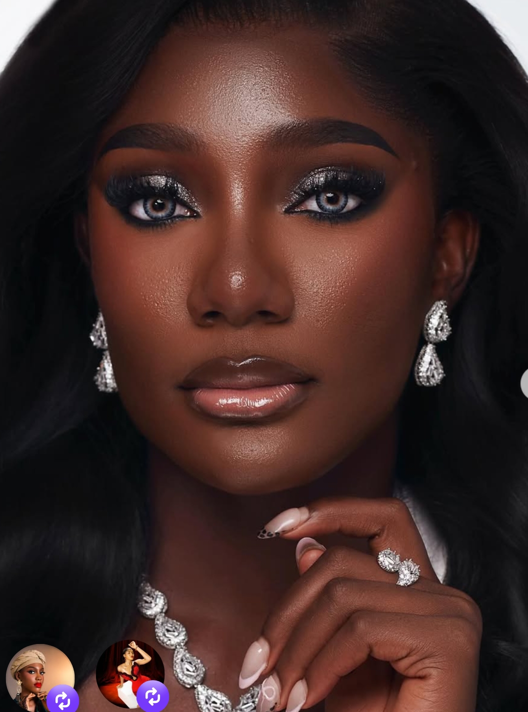 Close-up portrait with diamond drop earrings, necklace and ring